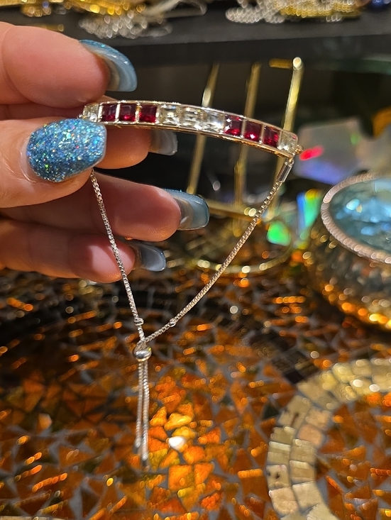 925 Sterling Silver Jewelry - Adjustable Silver-Tone Bracelet with Red and Clear Gemstones